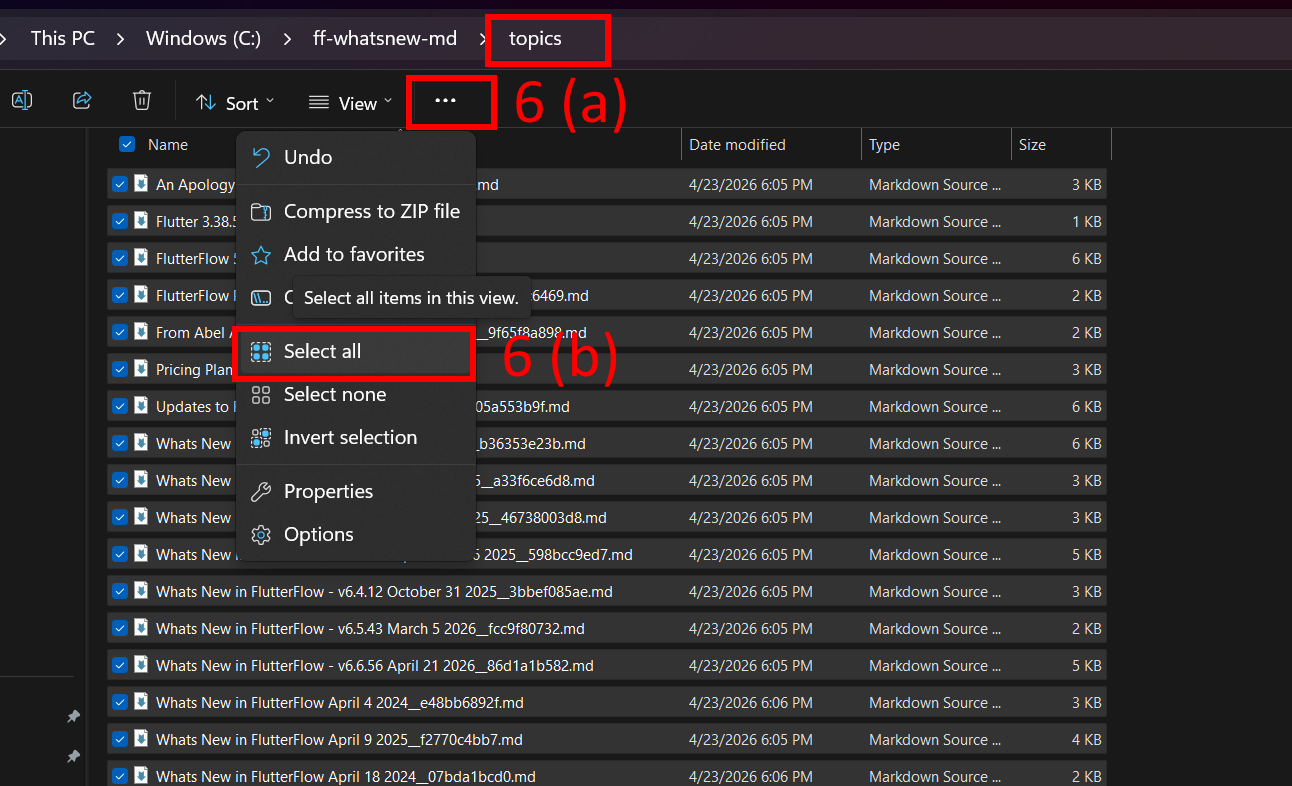 Screenshot of Windows File Explorer inside C:\ff-whatsnew-md\topics, with three red annotations: "topics" is highlighted in the address bar, 6(a) marks the three-dot overflow menu in the toolbar, and 6(b) highlights the "Select all" option in the dropdown menu. All markdown files in the folder are checked, indicating they are being selected. The dropdown also shows other options like Undo, Compress to ZIP file, Select none, and Invert selection.