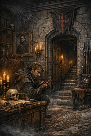 Rahadin's office with the door to the crypts open, no Rahadin present