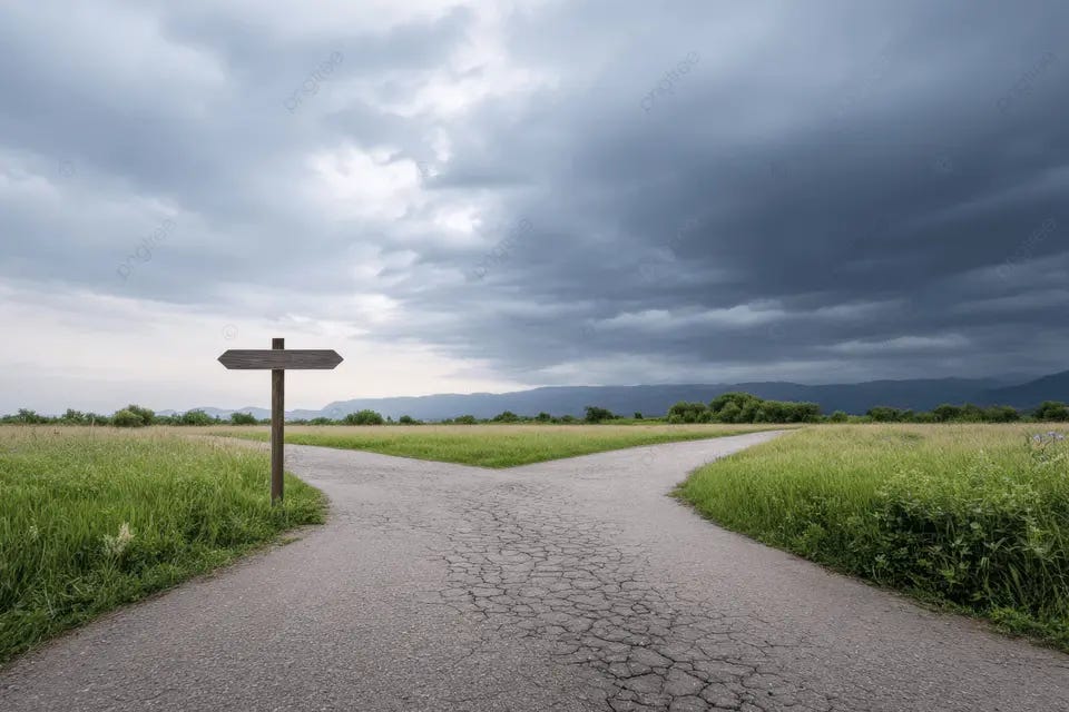Una Encrucijada Con Dos Caminos Que Conducen A Los Lados Que Simbolizan La Elección Entre Caminos Malos O Buenos En La Vida Una Señal Que Señala Direcciones Se Coloca En Un Campo Una Encrucijada Con Dos Caminos Que Conducen A Los Lados Que Simbolizan La Elección Entre Caminos Malos O Buenos En La Vida Una Señal Que Señala Direcciones Se Coloca En Un Campo
