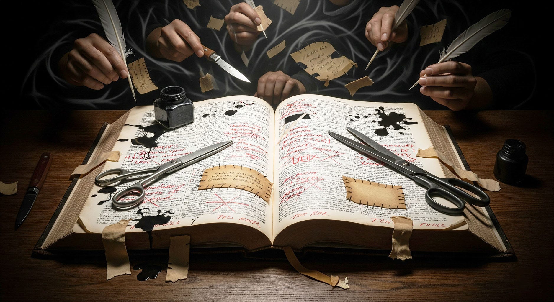 An open Bible with red editor’s marks, scissors, and patched pages, symbolizing how the text was edited and rewritten by men rather than divinely dictated.