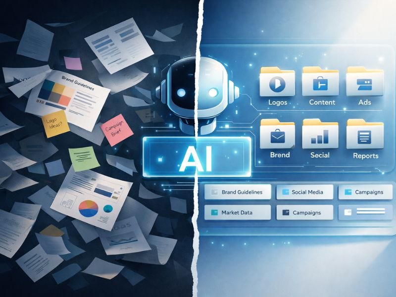 Split illustration showing brand chaos on the left with scattered documents and notes, and an AI interface on the right organizing brand assets into clean, structured folders.