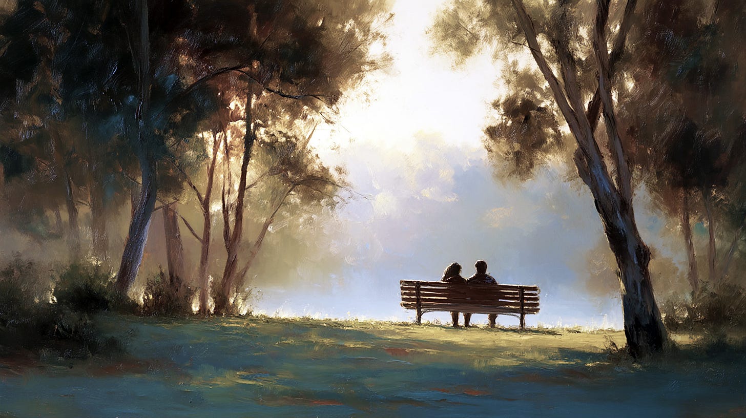 Two people sit quietly on a park bench at dusk, watching the evening light move through trees, suggesting reflection and the quiet act of witnessing life. Two people sit quietly on a park bench at dusk, watching the evening light move through trees, suggesting reflection and the quiet act of witnessing life.