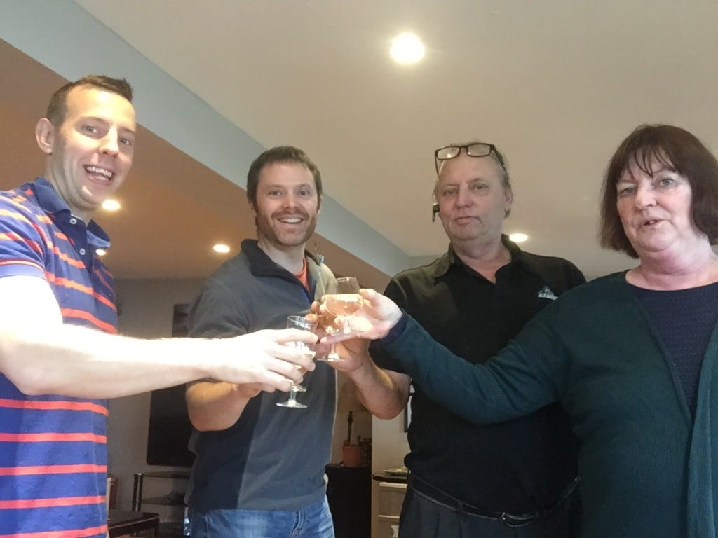 Me, Mark, my Dad, and Linda having a celebratory toast after the official sale of the business. Me, Mark, my Dad, and Linda having a celebratory toast after the official sale of the business.