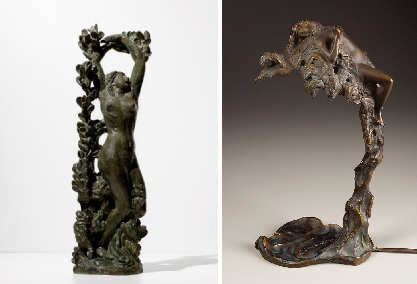 Antoine Bourdelle, Daphné devient laurier, bronze, 84 x 24 x 26 cm, 1910 (© Musée Bourdelle) ; Emil Thomasson, Bronze lamp of a nude woman on a tree, 34.3 cm, early 20th c. (© Heritage Auctions 2007-11-02). Antoine Bourdelle, Daphné devient laurier, bronze, 84 x 24 x 26 cm, 1910 (© Musée Bourdelle) ; Emil Thomasson, Bronze lamp of a nude woman on a tree, 34.3 cm, early 20th c. (© Heritage Auctions 2007-11-02).