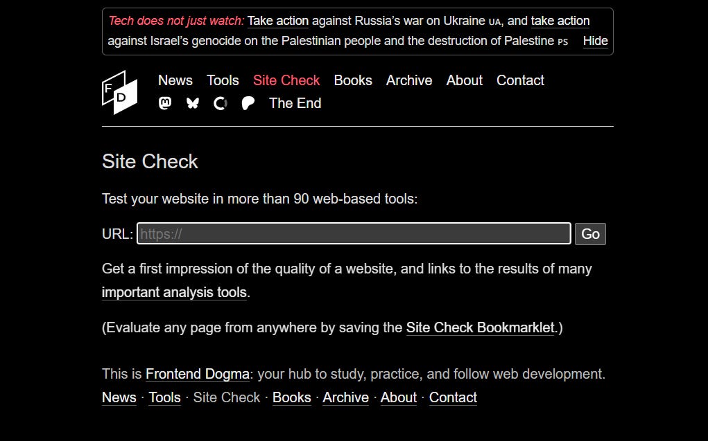 Snímek obrazovky nástroje Site Check. Snímek obrazovky nástroje Site Check.