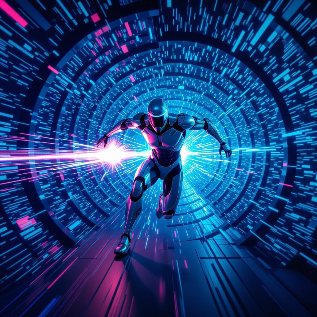 A kinetic action shot of a sleek, chrome robotic figure sprinting through a tunnel of data. The figure is streamlined fo...