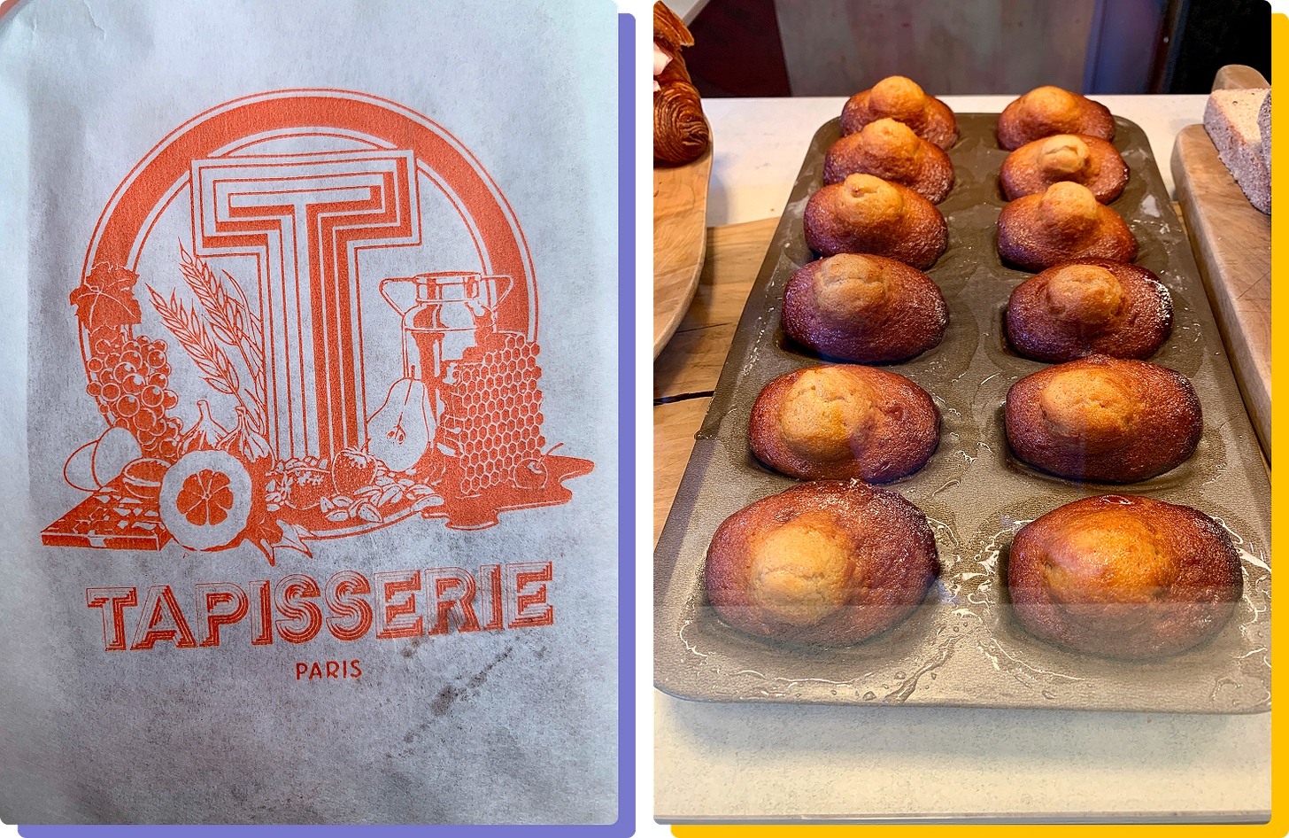 Photo of the Tapisserie logo and a pan full of madeleines