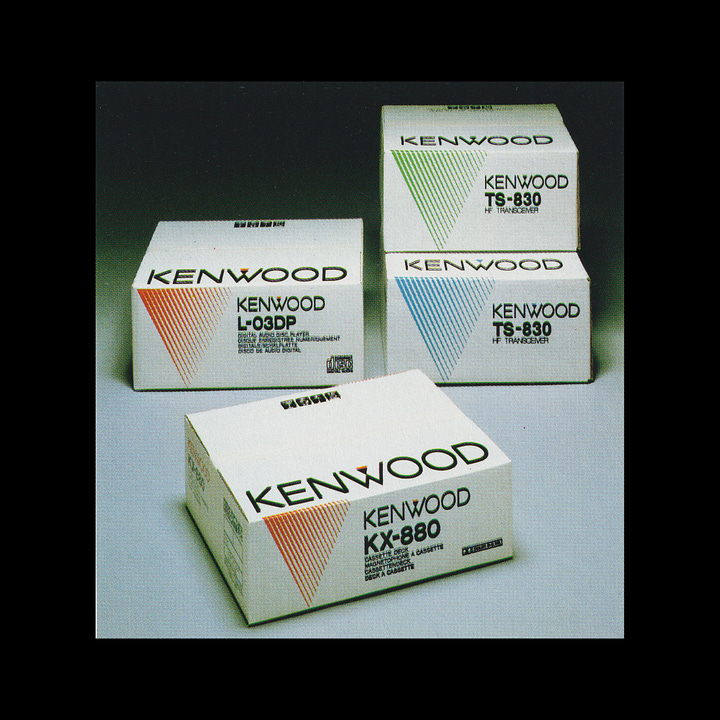 Kenwood logo, packaging, bag and car livery by PAOS, 1982, Japan