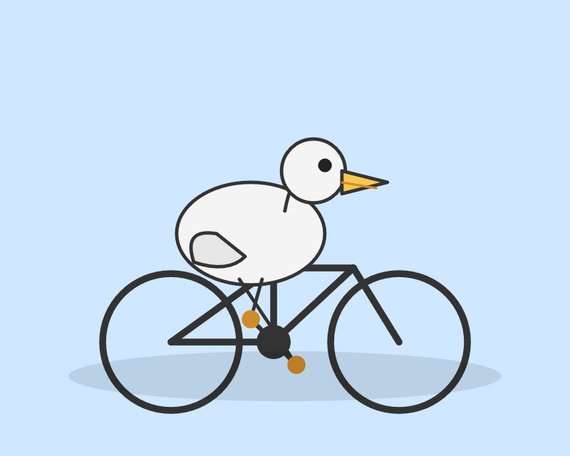 Description by o3-pro: The image is a playful, minimalist cartoon showing a white bird riding a bicycle. The bird has a simple oval body, a round head with a small black eye, and a yellow beak. Its orange feet are positioned on the bicycle’s pedals. The bicycle itself is drawn with thin black lines forming two large circular wheels and a straightforward frame. The scene has a light blue background with a soft gray oval shadow beneath the bicycle, giving the impression of ground. Overall, the illustration has a light, whimsical feel. Description by o3-pro: The image is a playful, minimalist cartoon showing a white bird riding a bicycle. The bird has a simple oval body, a round head with a small black eye, and a yellow beak. Its orange feet are positioned on the bicycle’s pedals. The bicycle itself is drawn with thin black lines forming two large circular wheels and a straightforward frame. The scene has a light blue background with a soft gray oval shadow beneath the bicycle, giving the impression of ground. Overall, the illustration has a light, whimsical feel.