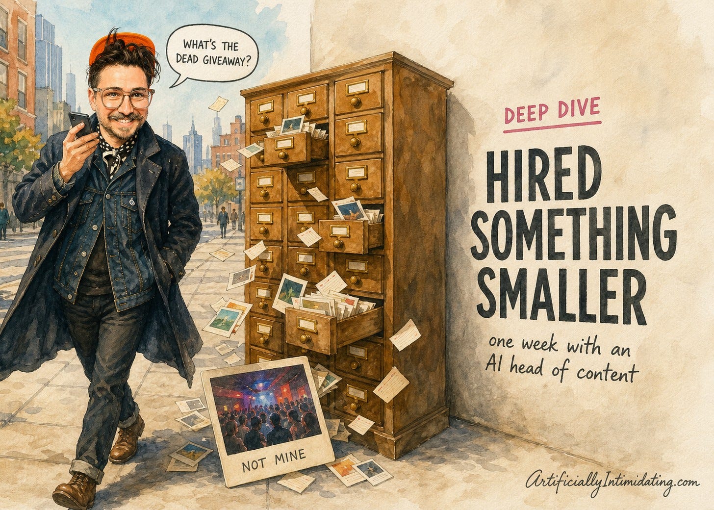 A watercolor city sidewalk. A bearded man in glasses and an orange beanie walks while speaking into his phone; a speech bubble above it reads 'What's the dead giveaway?'. Beside him stands a tall oak card-catalog cabinet with drawers spilling photographs, one tipped forward showing a crowded nightclub and labelled 'NOT MINE'.