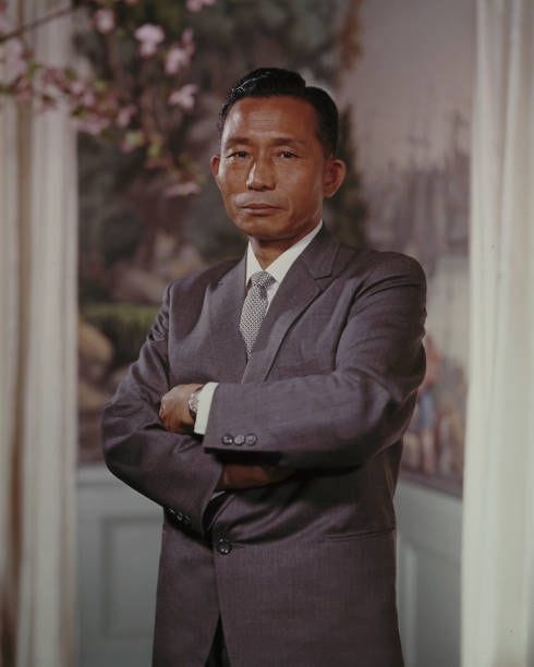 Portrait of the President of South Korea Park Chung-hee , standing with his arms folded across his chest, United States, 1960s. Chung-hee was a...
