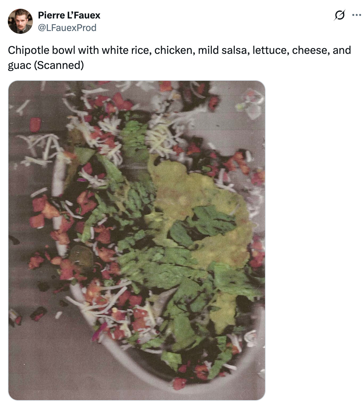 Tweet from @LFauexProd that features a Chipotle bowl smashed on a scanner and scanned Tweet from @LFauexProd that features a Chipotle bowl smashed on a scanner and scanned
