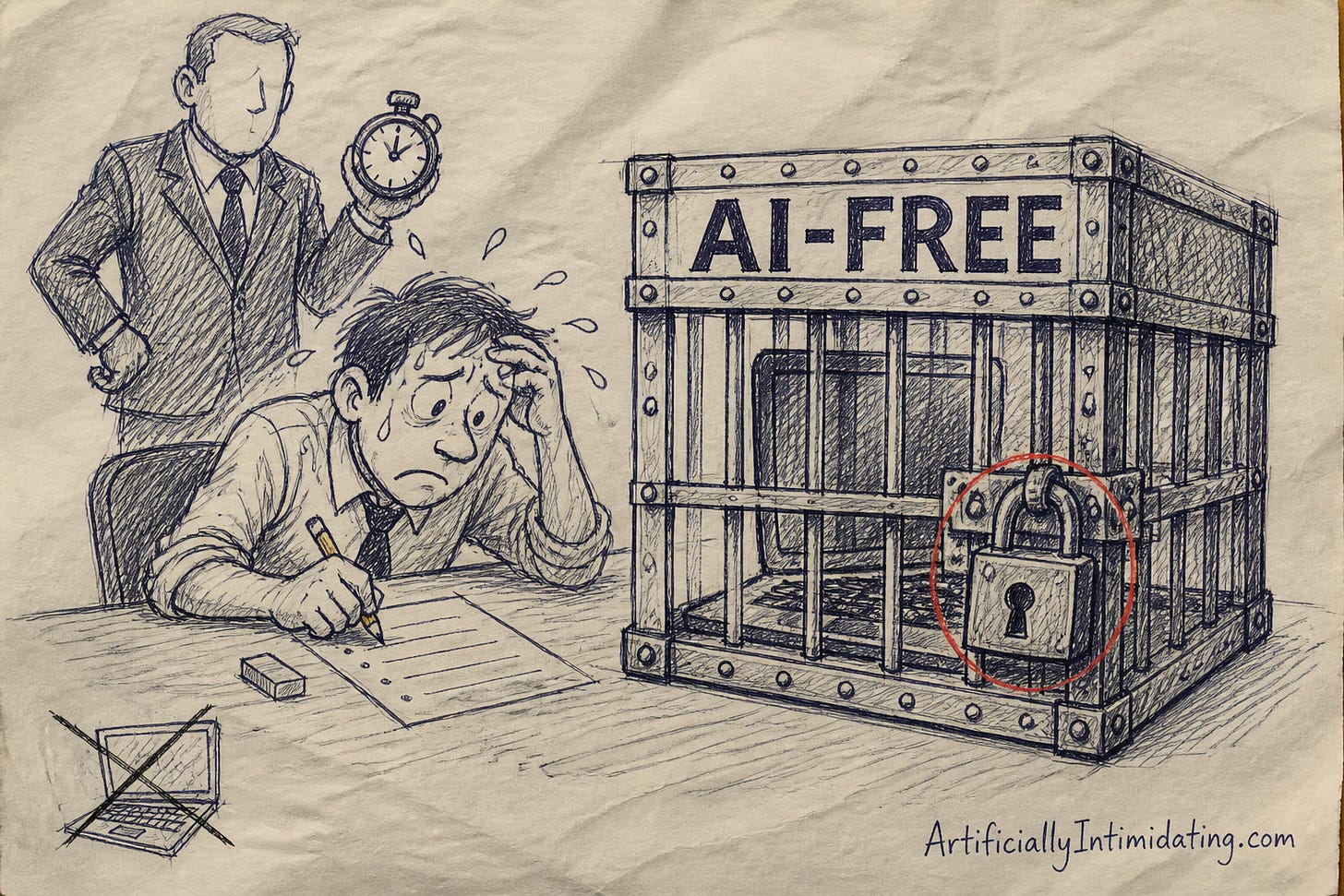 Cartoon of an office worker sweating over a paper exam with a stubby pencil while a proctor in a suit holds a stopwatch over him. Beside them a laptop sits locked inside a heavy steel cage stamped AI-FREE, its padlock circled in red, and a crossed-out sketch of a laptop lies on the floor.