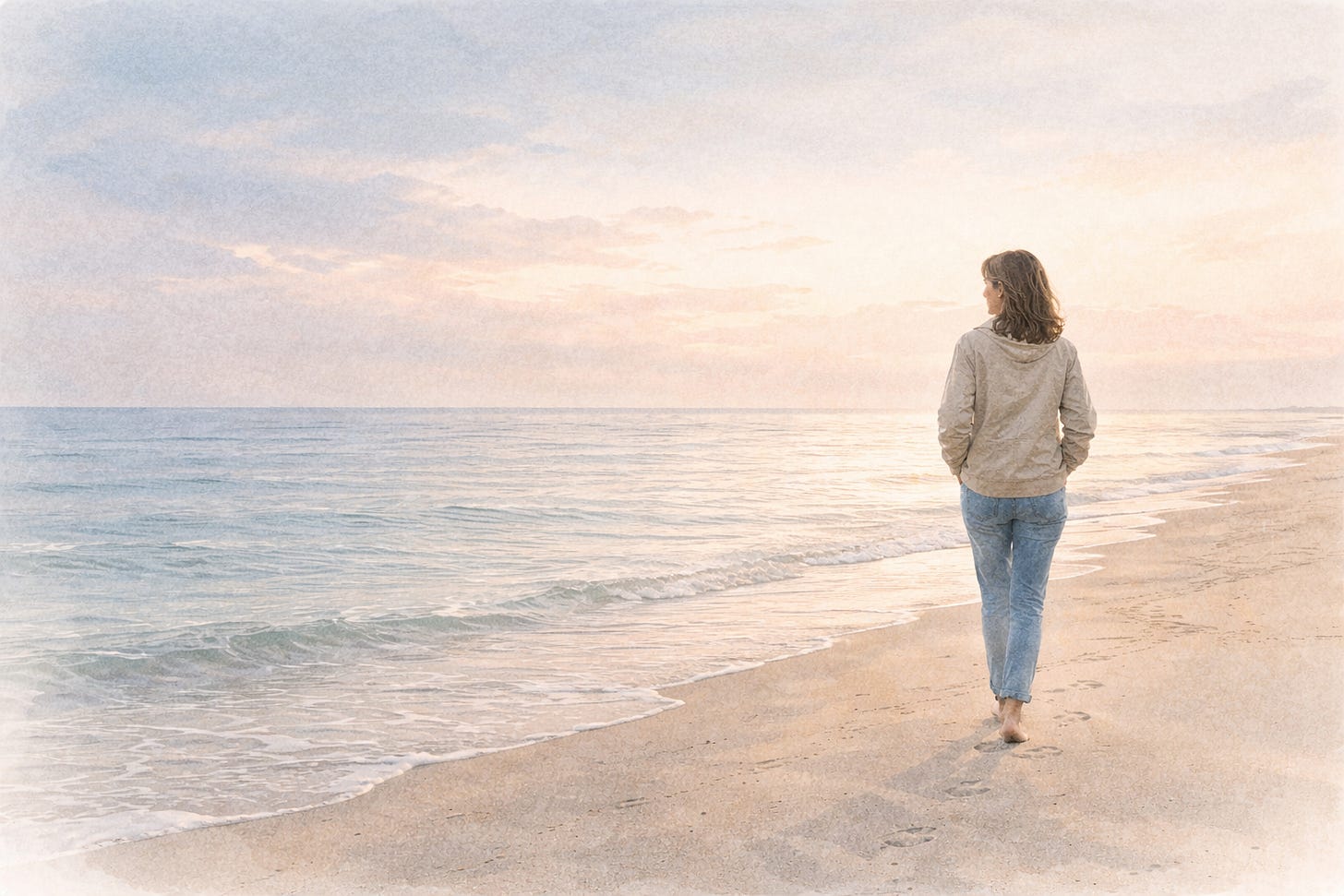  Woman walking alone along a quiet shoreline at sunrise, reflecting on self-love and self-compassion in a calm, peaceful setting.