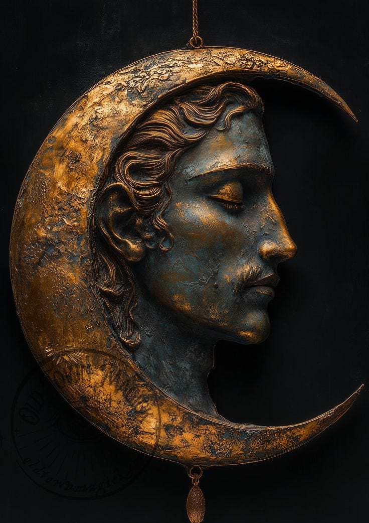 This may contain: a bronze statue of a man's face on a crescent with a chain hanging from it This may contain: a bronze statue of a man's face on a crescent with a chain hanging from it