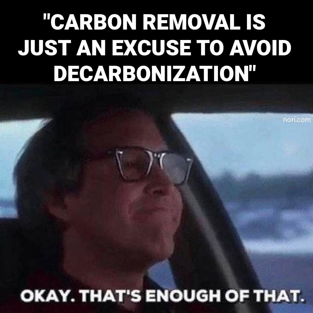A man in glasses driving and smiling to himself, under the quote "Carbon removal is just an excuse to avoid decarbonization". Subtitle: "Okay. That's enough of that."