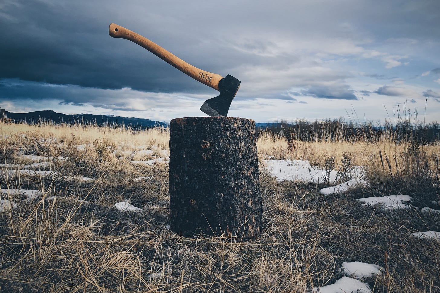 An axe sunk into a stump in the middle of a field with patches of snow. Mountains in the distance An axe sunk into a stump in the middle of a field with patches of snow. Mountains in the distance