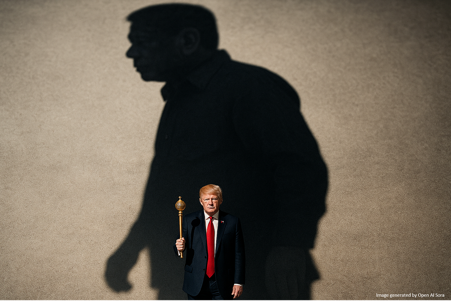 Picture of Donald Trump, holding a scepter, standing in front of a giant shadow of former Philippine President Rodrigo Duterte. Picture of Donald Trump, holding a scepter, standing in front of a giant shadow of former Philippine President Rodrigo Duterte.