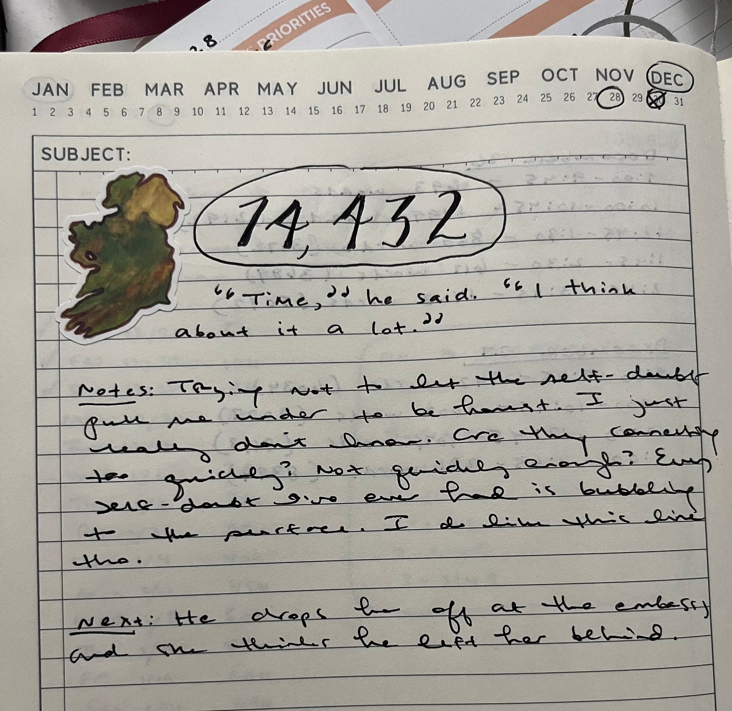Photo of notebook with December 28 circled as the date, the number 14,432, then this quote: "Time," he said. "I think about it a lot." Then under Notes: "Trying not to let the self-doubt pull me under to be honest. I just really don't know. Are they connecting too quickly? Not quickly enough? Every self-doubt I've ever had is bubbling to the surface. I do like this line tho." Then Next: "He drops her off at the embassy and she thinks he left her behind."