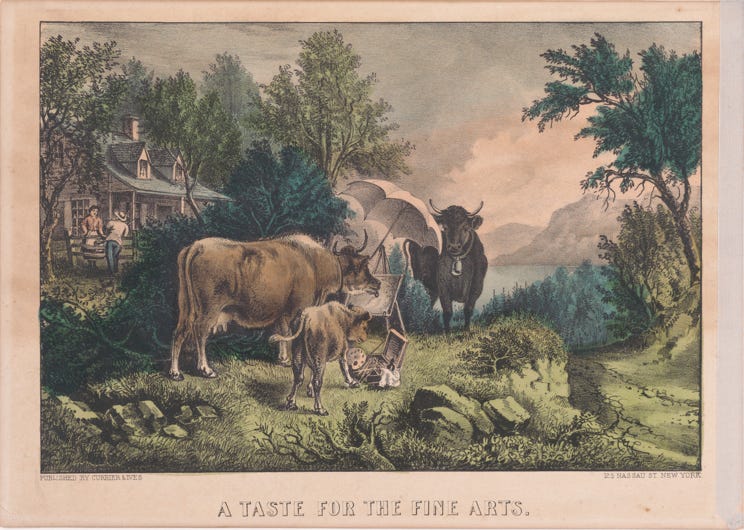 A print depicting several cows painting a landscape