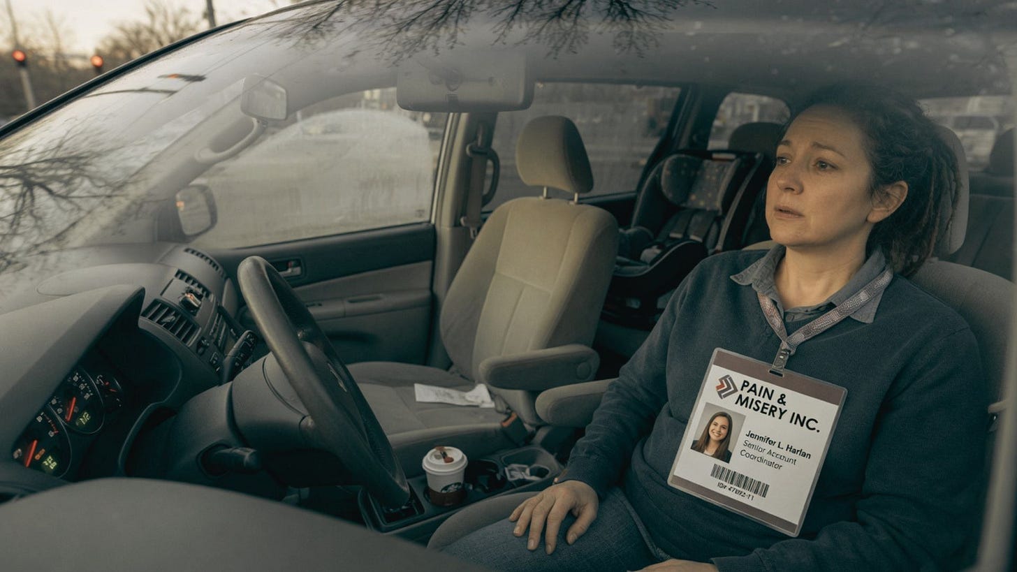 Woman wearing Pain & Misery Inc employee ID badge sitting in car interior