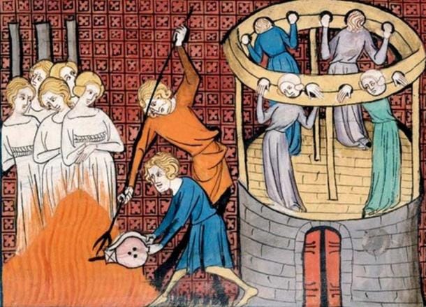 14th century depiction of burning witches and holding others in the stocks. (Public domain) 14th century depiction of burning witches and holding others in the stocks. (Public domain)