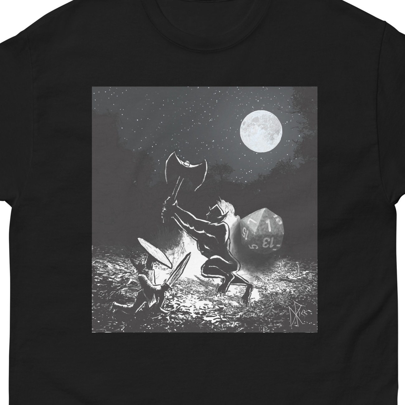 A large troll-like figure with an axe attacks a smaller human-like armoured sword wielder, as a large bonfire burns behind them - casting them in near silhouette. A twenty-sided die sits atop the sketch, having landed as a roll of ‘one’. Sketch art by Don Rice.