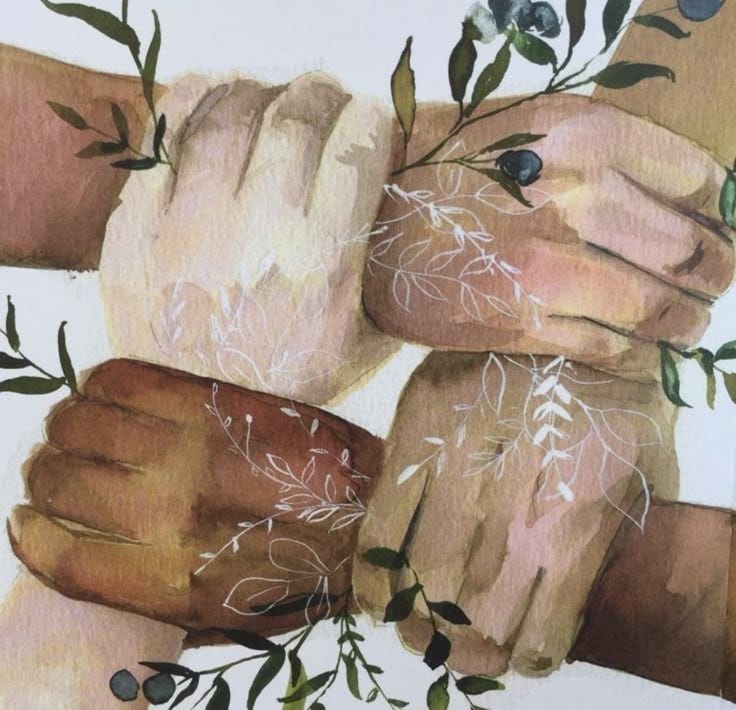 This may contain: a painting of two hands holding each other with flowers and leaves around them on a white background This may contain: a painting of two hands holding each other with flowers and leaves around them on a white background