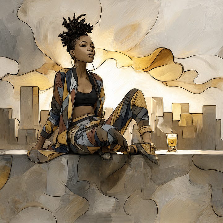 A confident black woman seated at the edge of a golden hour horizon that overlooks a city by Charlene Grant the Affirmed Visionary