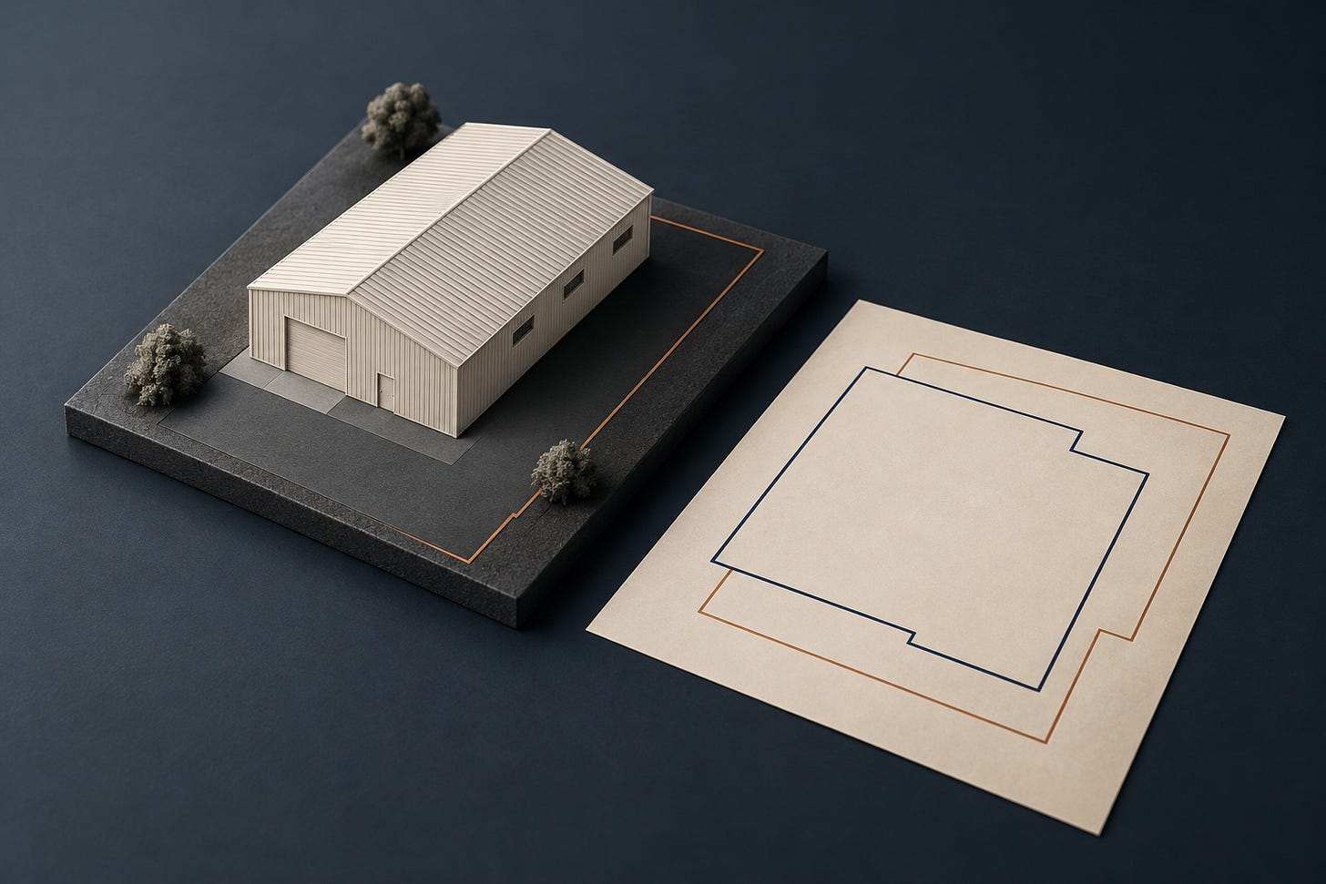 Illustration of a small industrial-building model beside a site plan with two different parcel outlines.
