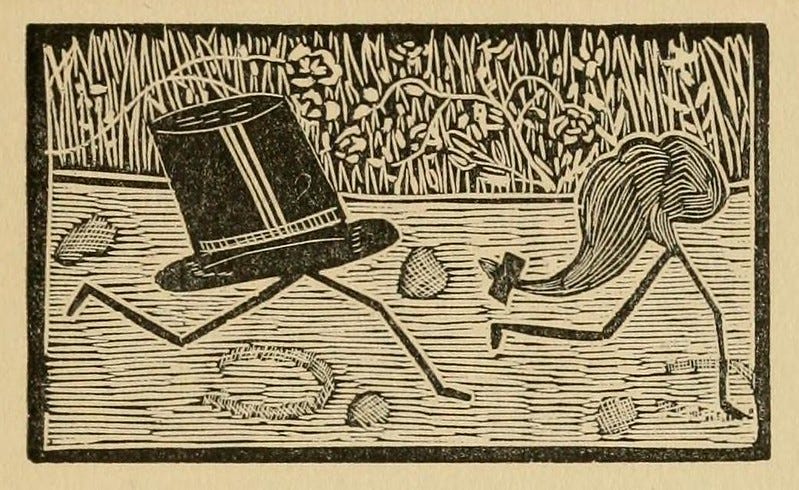 19th Century Drawing of a Hat with Stick Figure Legs Chasing a Man's Wig 19th Century Drawing of a Hat with Stick Figure Legs Chasing a Man's Wig