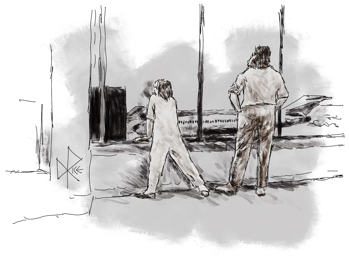 A woman and a young girl stand facing the large airport windows, looking out on the planes rolling toward and away from the terminal’s gates. Sketch art by Don Rice.