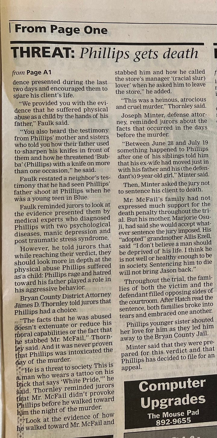 Picture shows the front-page story published in the Herald Democrat on May 7, 1997 after a jury convicted Ernest E. Phillips Jr. of first-degree murder and the second picture is the jump page where the story continues. (Mc Nelly Torres | Don't Forget My Voice)