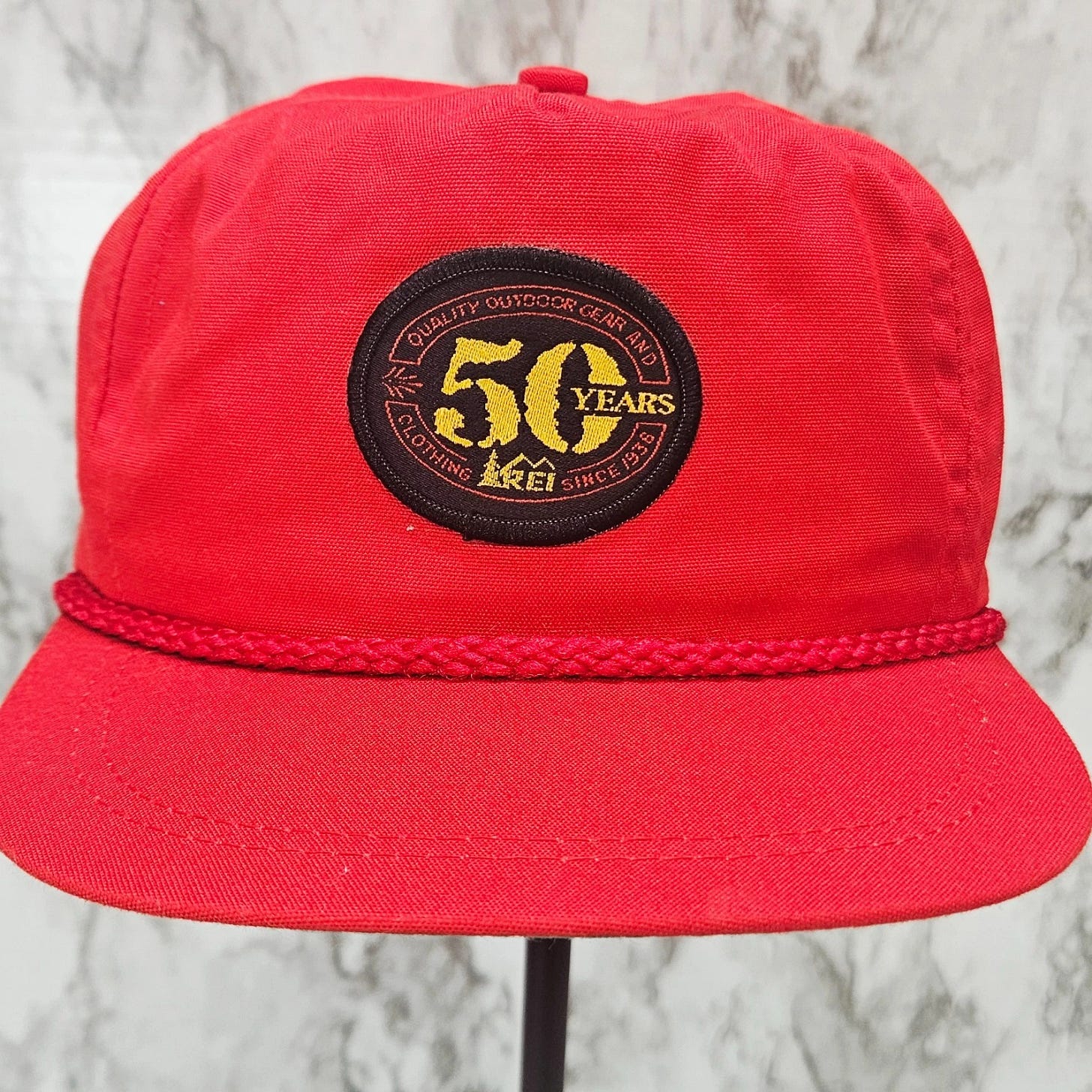 REI 50 Years Anniversary Red Hat Imperial Headware USA Made Strap Back 1988 Rope - Picture 1 of 14 REI 50 Years Anniversary Red Hat Imperial Headware USA Made Strap Back 1988 Rope - Picture 1 of 14