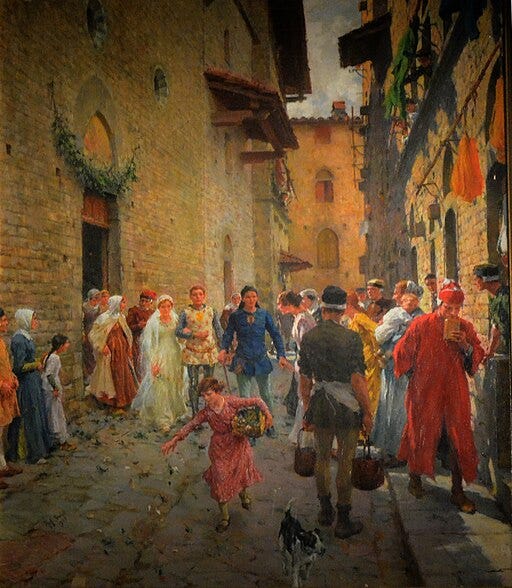 20th century painting showing Beatrice as a bride outside the church of Santa Margherita 20th century painting showing Beatrice as a bride outside the church of Santa Margherita