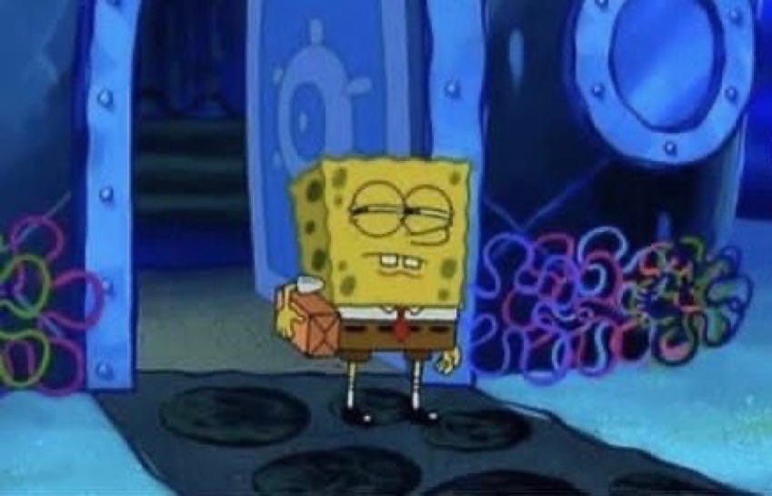 spongebob standing outside of his house, side eyeing something suspiciously