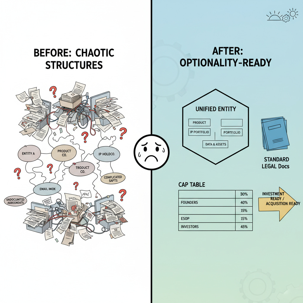 Illustration comparing a chaotic, multi-entity startup structure filled with scattered documents and confusion on the left, versus a clean, unified, optionality-ready structure on the right with a single entity, organized legal documents, and a clear cap table — highlighting how early structural simplicity enables acquisition readiness.