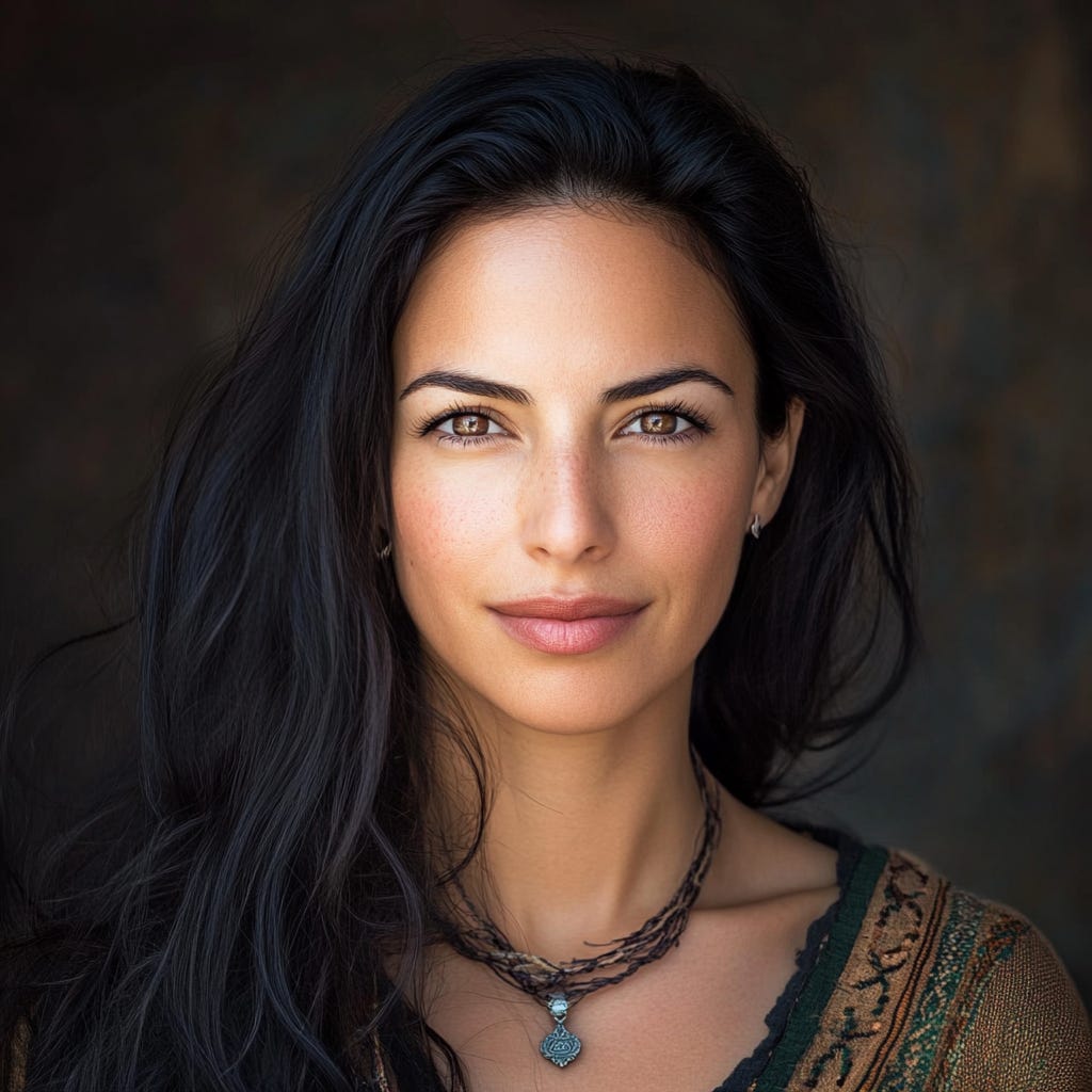A digitally reimagined portrait of Liat Portal, created by MidJourney, showcasing her with long dark hair, a calm expression, and natural tones, wearing a detailed necklace.