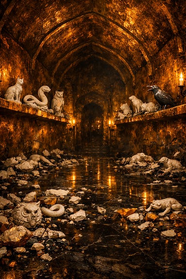 Amber Temple bestial hall gallery, vast chamber with amber‑glazed walls and high vaulted ceiling, rows of alabaster animal statues on amber ledges—cats, owls, ravens, snakes, frogs, weasels—many shattered on the black marble floor, golden torchlight reflecting across amber glaze, eerie Barovian Gothic atmosphere Amber Temple bestial hall gallery, vast chamber with amber‑glazed walls and high vaulted ceiling, rows of alabaster animal statues on amber ledges—cats, owls, ravens, snakes, frogs, weasels—many shattered on the black marble floor, golden torchlight reflecting across amber glaze, eerie Barovian Gothic atmosphere