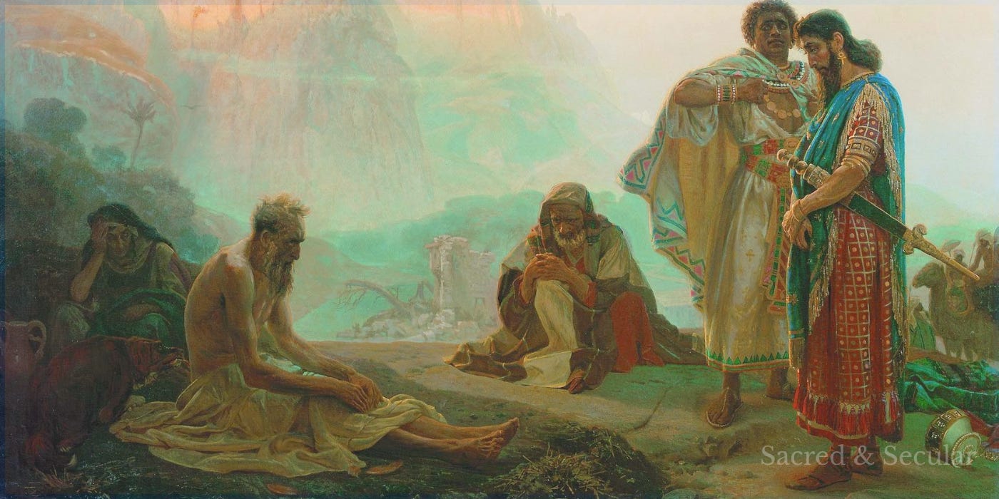 Ilya Repin’s painting Job and His Friends, showing the suffering Job seated on the ground while several richly dressed friends stand around him discussing his condition.