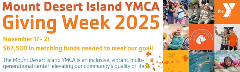 Banner promoting the Mount Desert Island YMCA Giving Week 2025, highlighting fundraising goals and community impact.