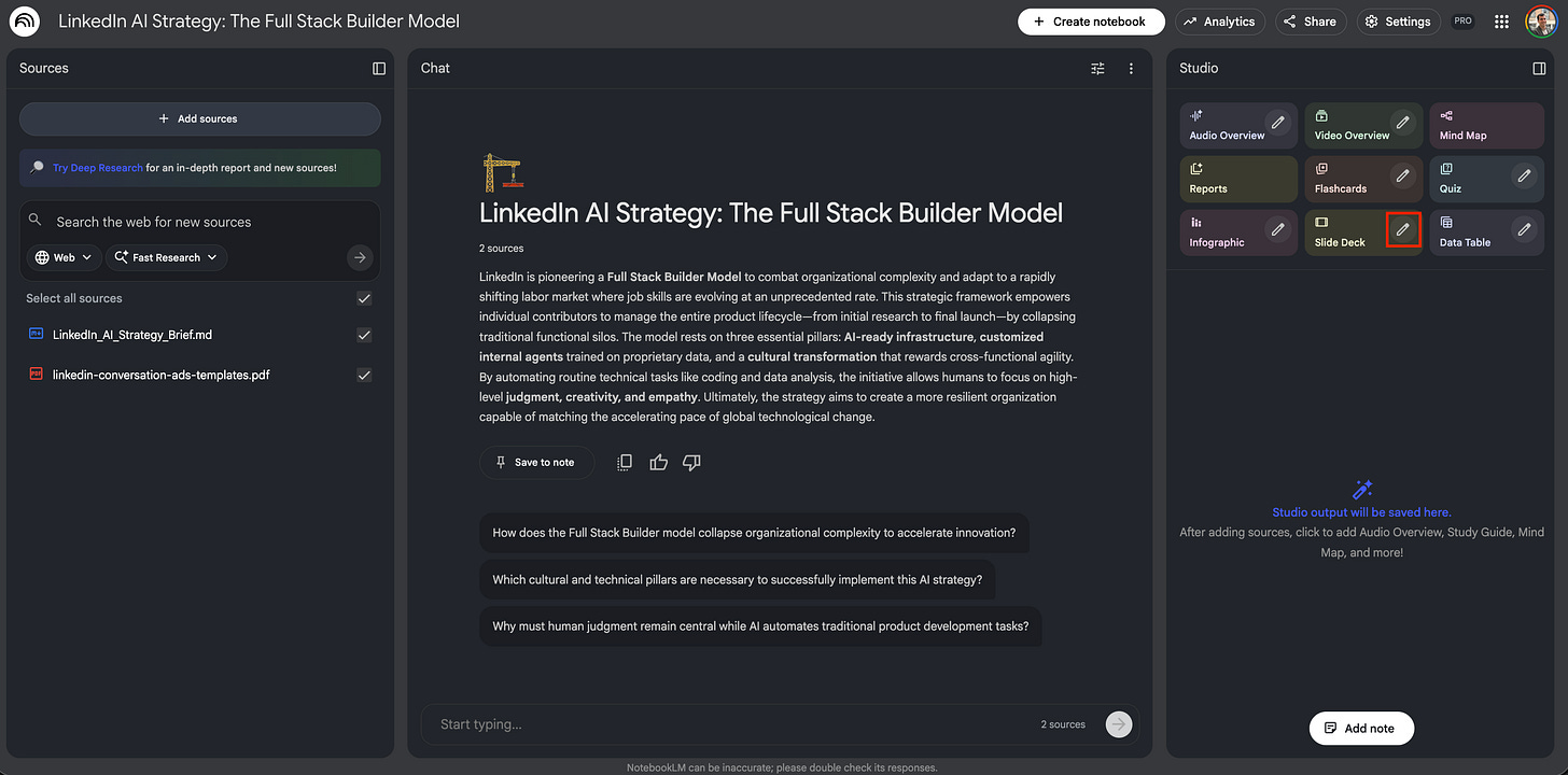 Screenshot of the NotebookLM Studio panel focusing on the "Slide Deck" tile, with a red square highlighting the small pencil/edit icon in the top right corner.