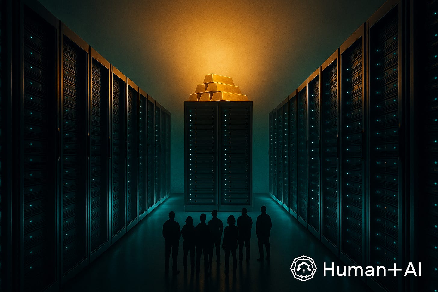 Photo of glowing server racks stacked with gold bars, dwarfed figures at base, Human+AI logo bottom right.