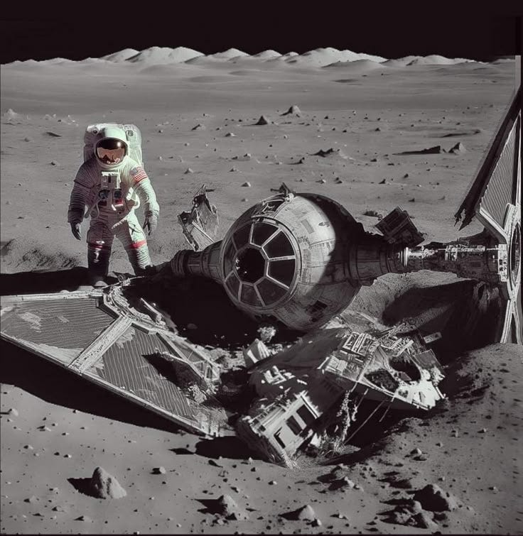 This may contain: an astronaut standing next to a vehicle on the moon