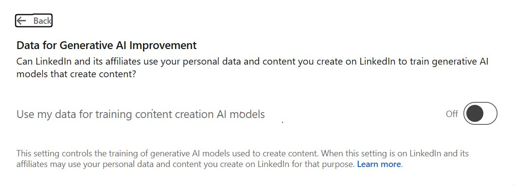 Alt Image: Screenshot of LinkedIn settings page showing an option labeled 'Use my data for training content creation AI models,' with the setting switched off. 