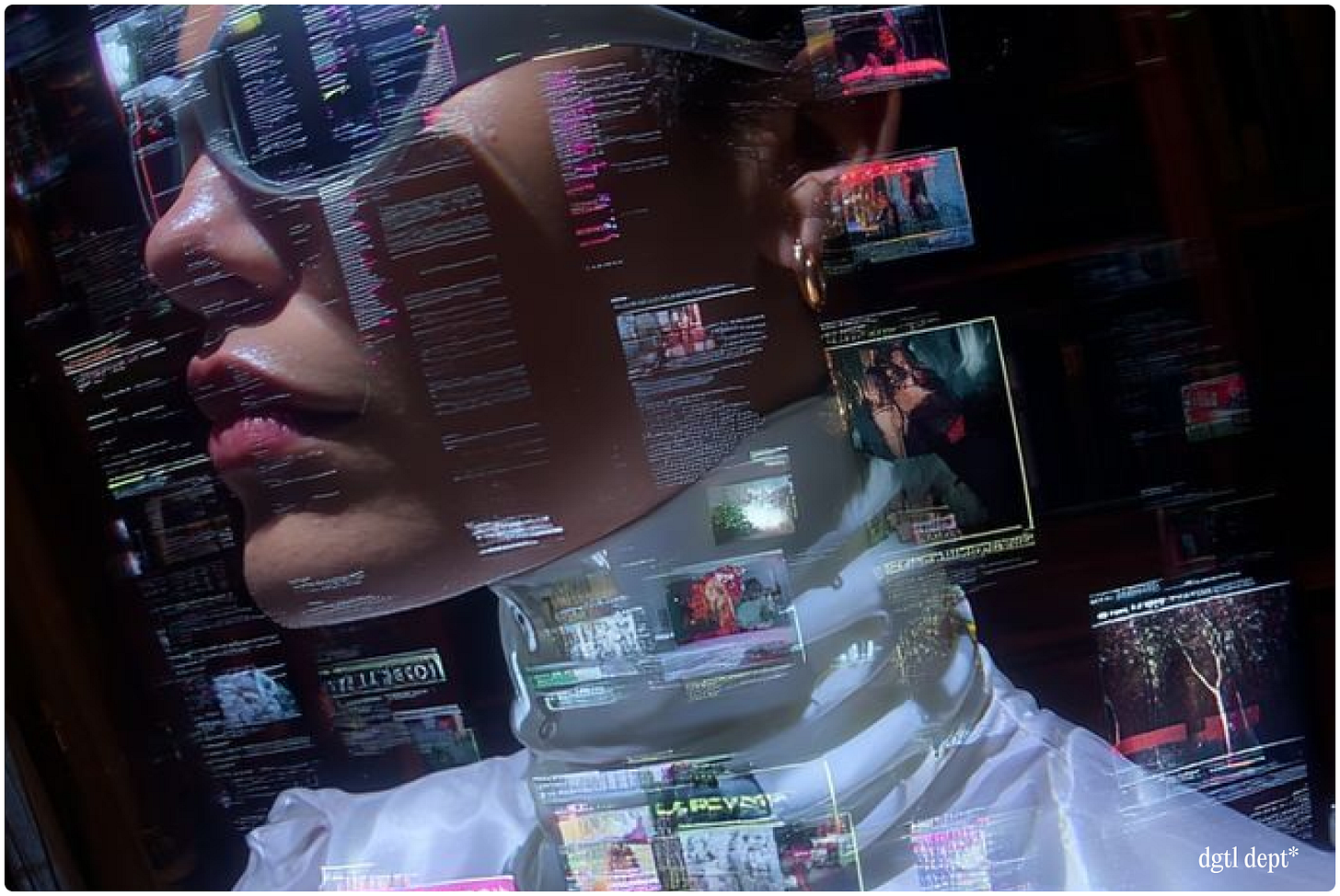 Portrait of a woman in futuristic eyewear and a high-collared white outfit, layered with translucent overlays of code, dashboards, and content panels against a dark neon-lit backdrop. 