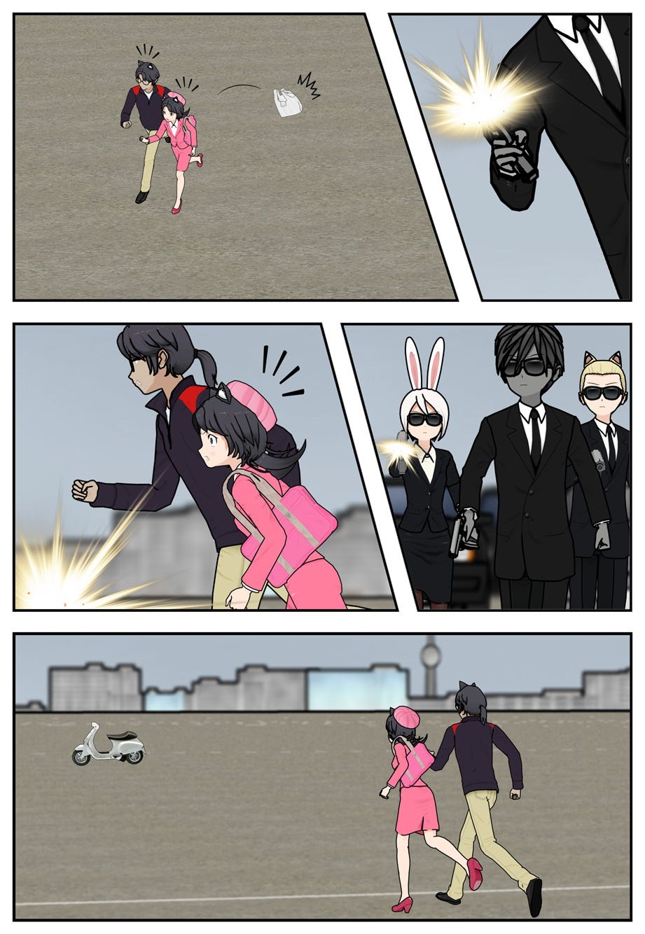 Ruff and Rae break into a run toward the motorcycle as the agents start shooting at them.