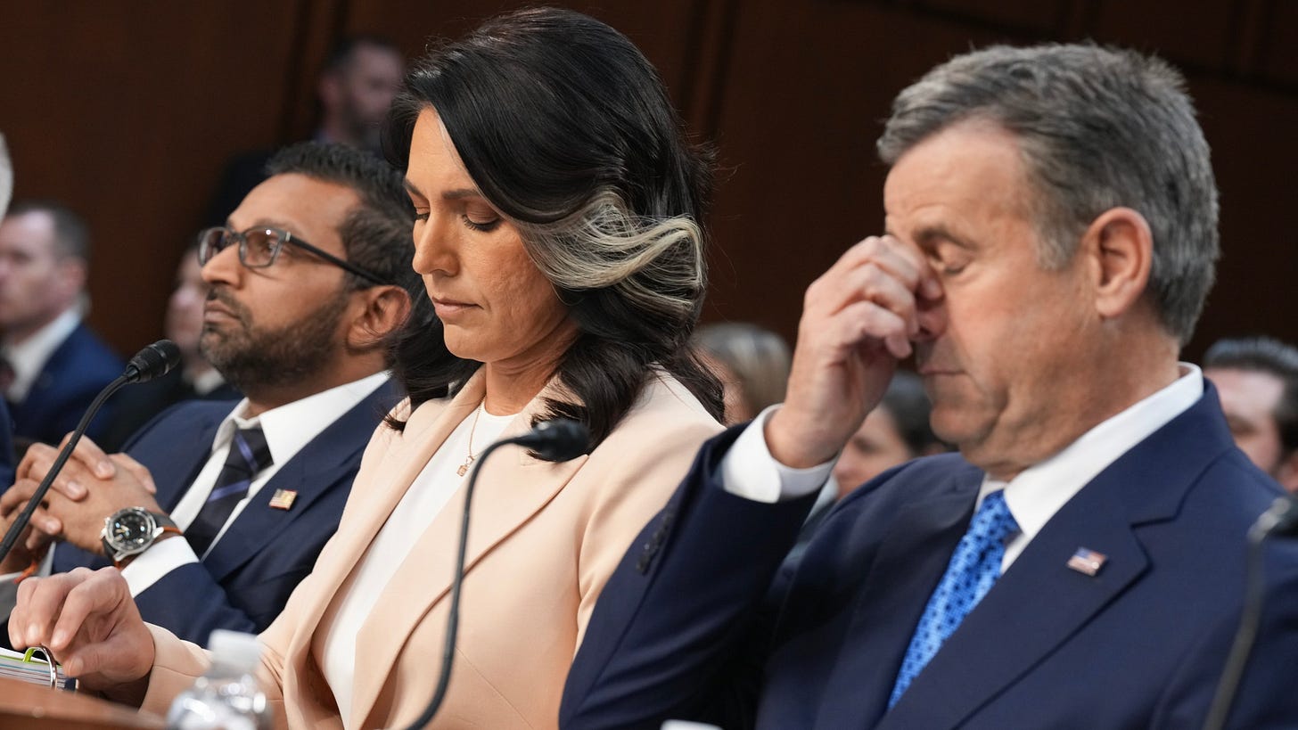 FBI Director Kash Patel, Director of National Intelligence Tulsi Gabbard, and Central Intelligence Agency Director John Ratcliffe, testify before the Senate.