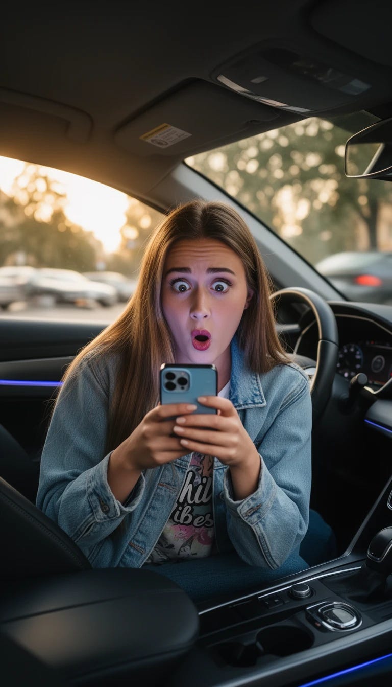Young woman looking crazy after scrolling content on her mobile phone while in the driver seat of a car