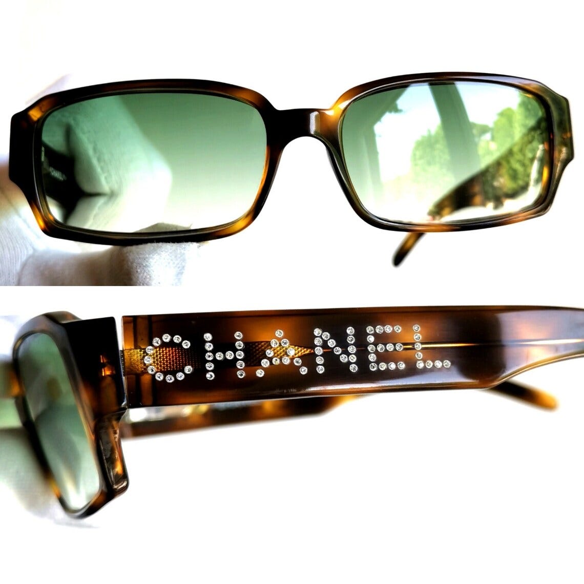 May include: Two pairs of brown tortoise shell sunglasses with green lenses. The top pair shows the front of the sunglasses. The bottom pair shows the side of the sunglasses with the word 'CHANEL' spelled out in rhinestones.
